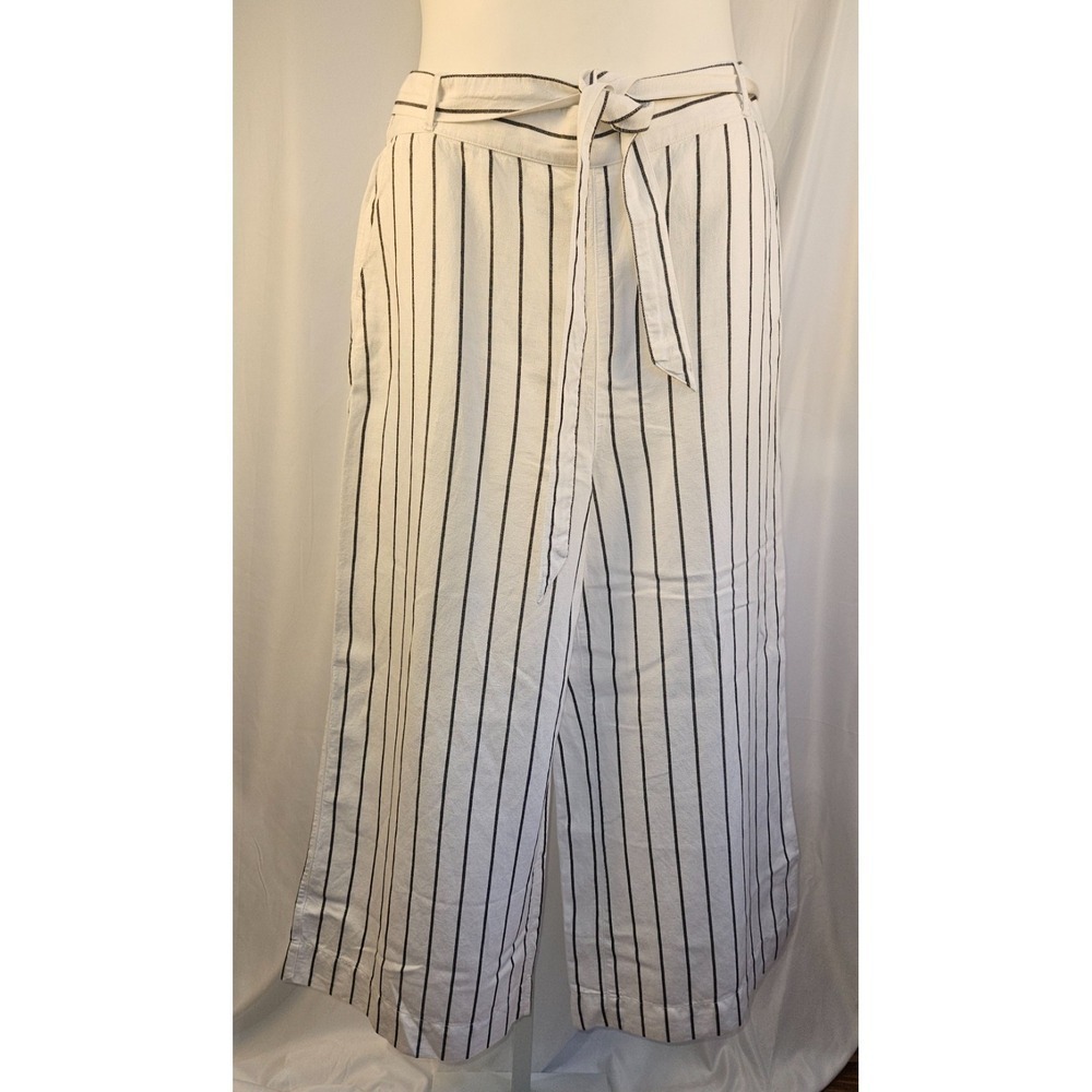 Joie Linen Blend Belted Cropped Wide Leg Pants White Black Stripe Size Small